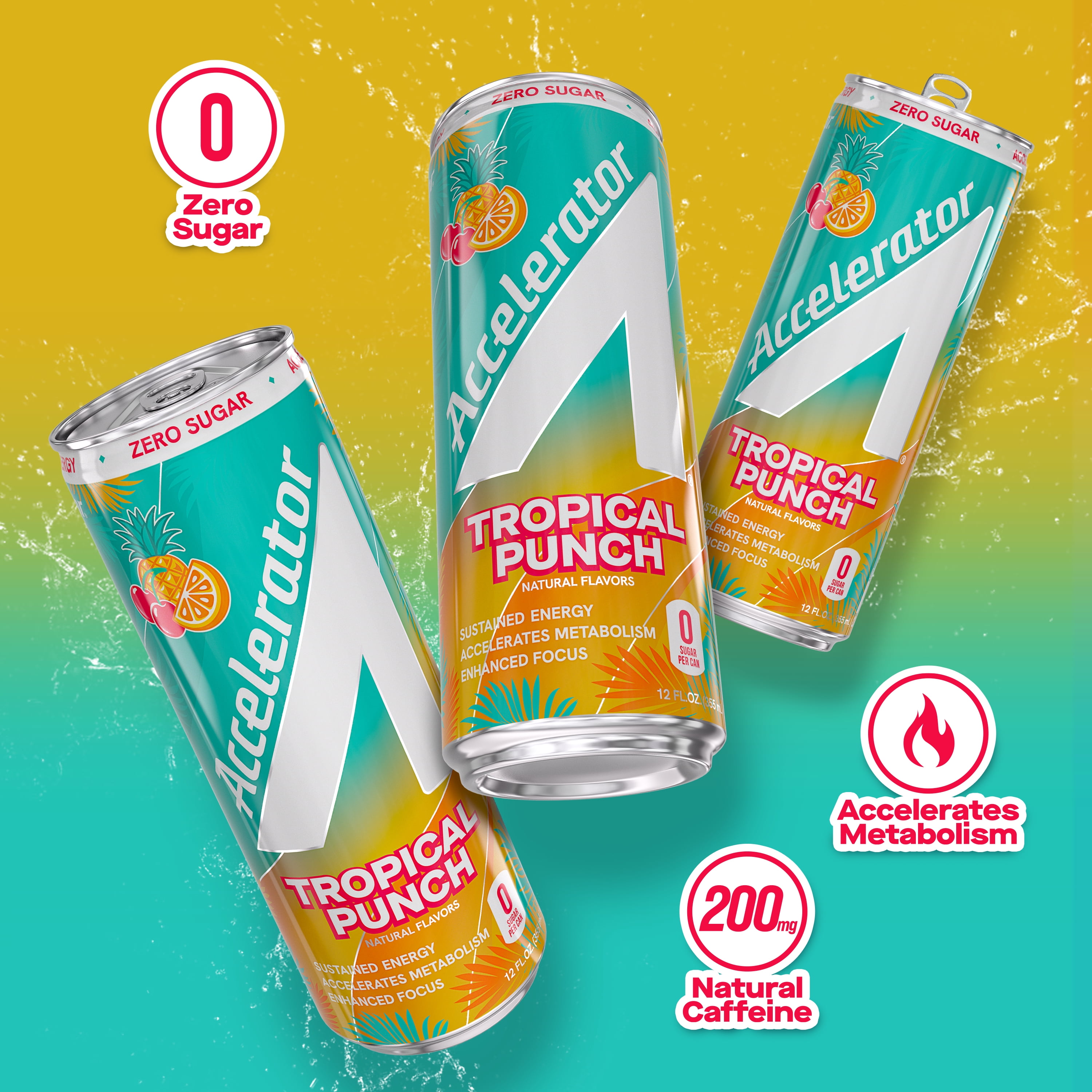 Accelerator Energy Drink, Tropical Punch, 12 fl oz can (12 pack), Zero Sugar, Sustained Energy from 100% Natural Caffeine (200mg from Green Coffee Bean & Green Tea extract)