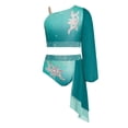 thumbnail image 6 of iiniim Girls Lyrical Dance Outfit One Shoulder Long Puff Sleeve Crop Top With Applique Asymmetrical Skirt Set Green 6, 6 of 7