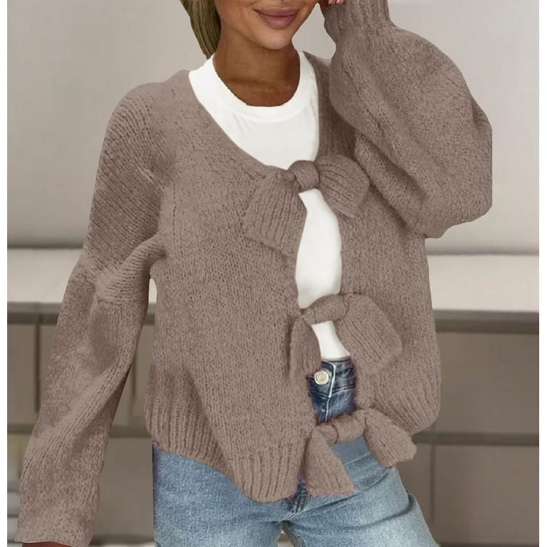 VISALY Cropped Cardigan Open Front Cardigan Bow Tie Cardigan