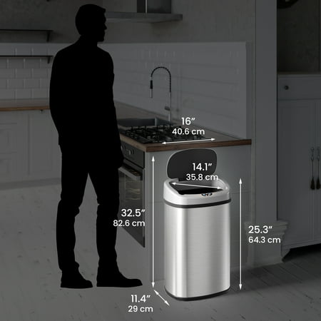 iTouchless - 13 Gallon Touchless Sensor Trash Can with AbsorbX Odor Control System, Stainless Steel Oval Shape Kitchen Bin - Silver