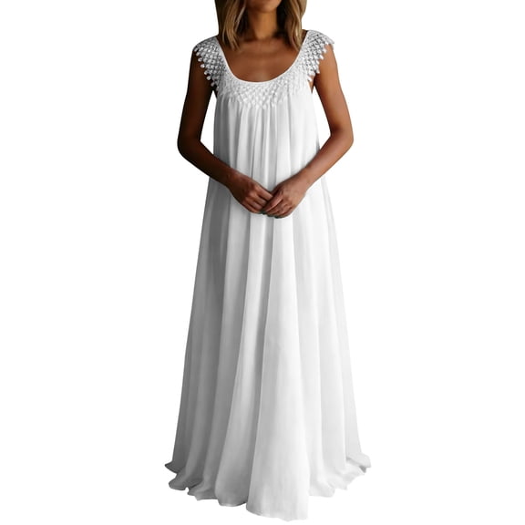 Kilaqueen Women's Plus Size Flowy Maxi Dresses Casual Summer Sundresses Hawaiian Beach Vacation Outfits Pleated Elegant High Waist Solid Color Wedding Guest Long Dress