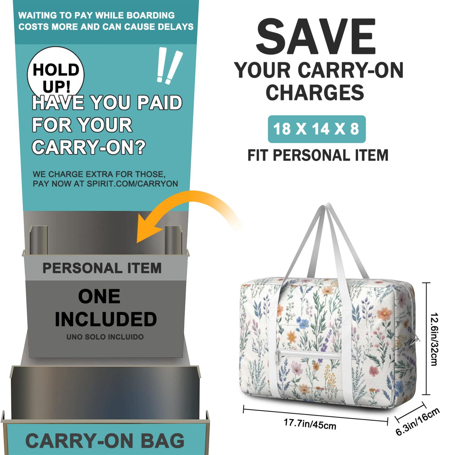 For Spirit Airlines Personal Item Bag 18x14x8 Inch, Floral Weekender Travel Bag, Foldable Travel Duffel Bag Underseat Carry on Bag with Luggage Sleeve for Women and Men 30L