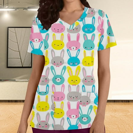 

Womens Easter Nursing Scrub Tops Summer Clearance Women s Casual T-Shirt Short Sleeve V-neck Tops Working Uniform Easter Print With Pocket Workwear Blouse