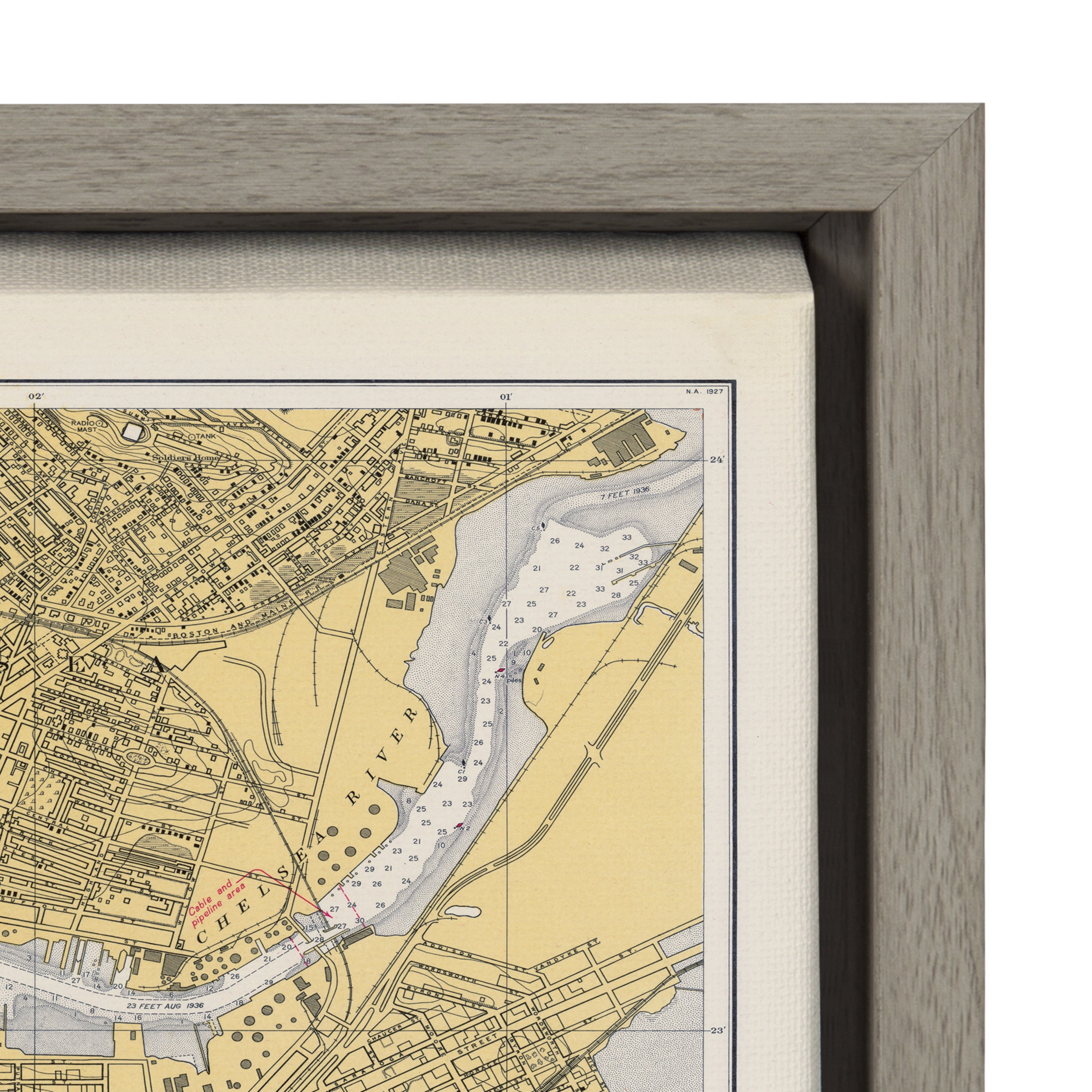 Kate and Laurel Sylvie Boston Harbor Map Framed Canvas Wall Art by Corinna Buchholz of Piddix 18x24 Gray Decorative Map Art for Wall