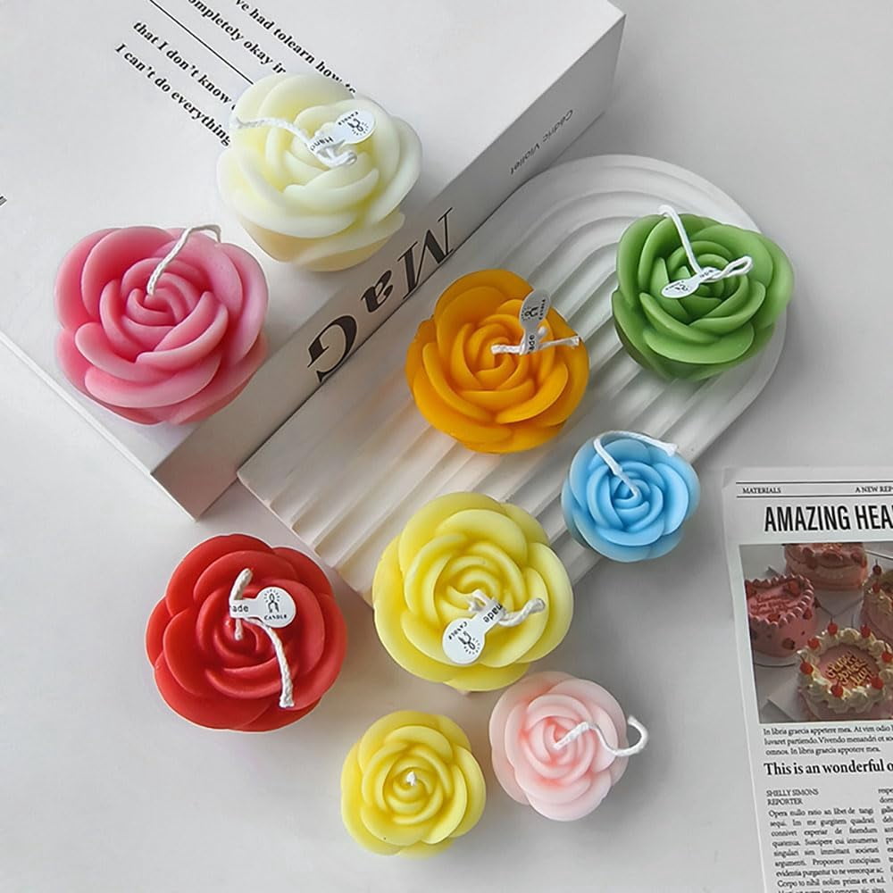 ABCISI 3pcs 3D Rose Flower Candle Mold, Silicone Flower Molds for Candle Making Supplies, Floral Epoxy Resin Molds for DIY Scented Candles Soap Cement Gypsum, 3 Sizes