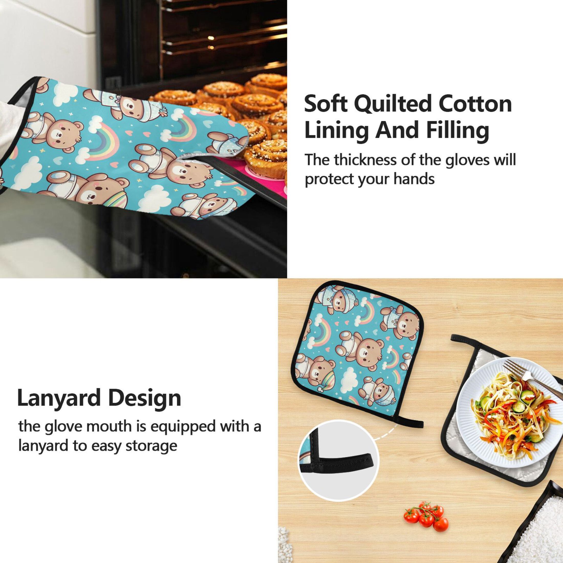 5 Pcs Kitchen Set Heat Resistant Oven Mitts and Non-Slip Pot Holders with Adjustable Cooking Apron Bear with Hat and Rainbow