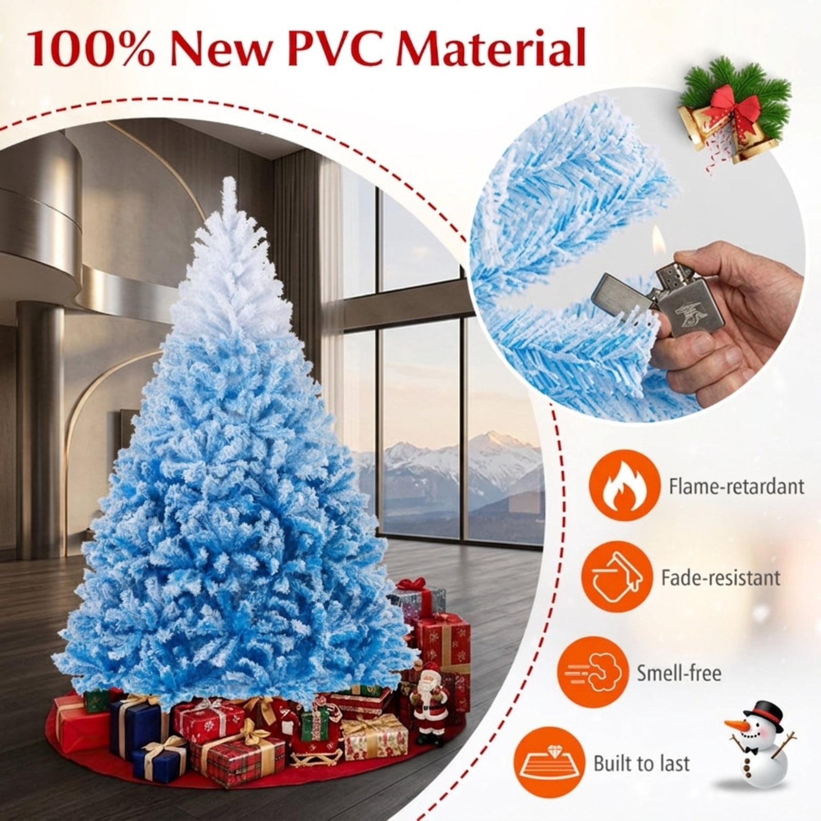 RUIE 7FT Snow Flocked Artificial Christmas Tree, White & Blue Gradient Hinged Xmas Tree with 1264 Branch Tips and Folding Metal Stand for Holiday