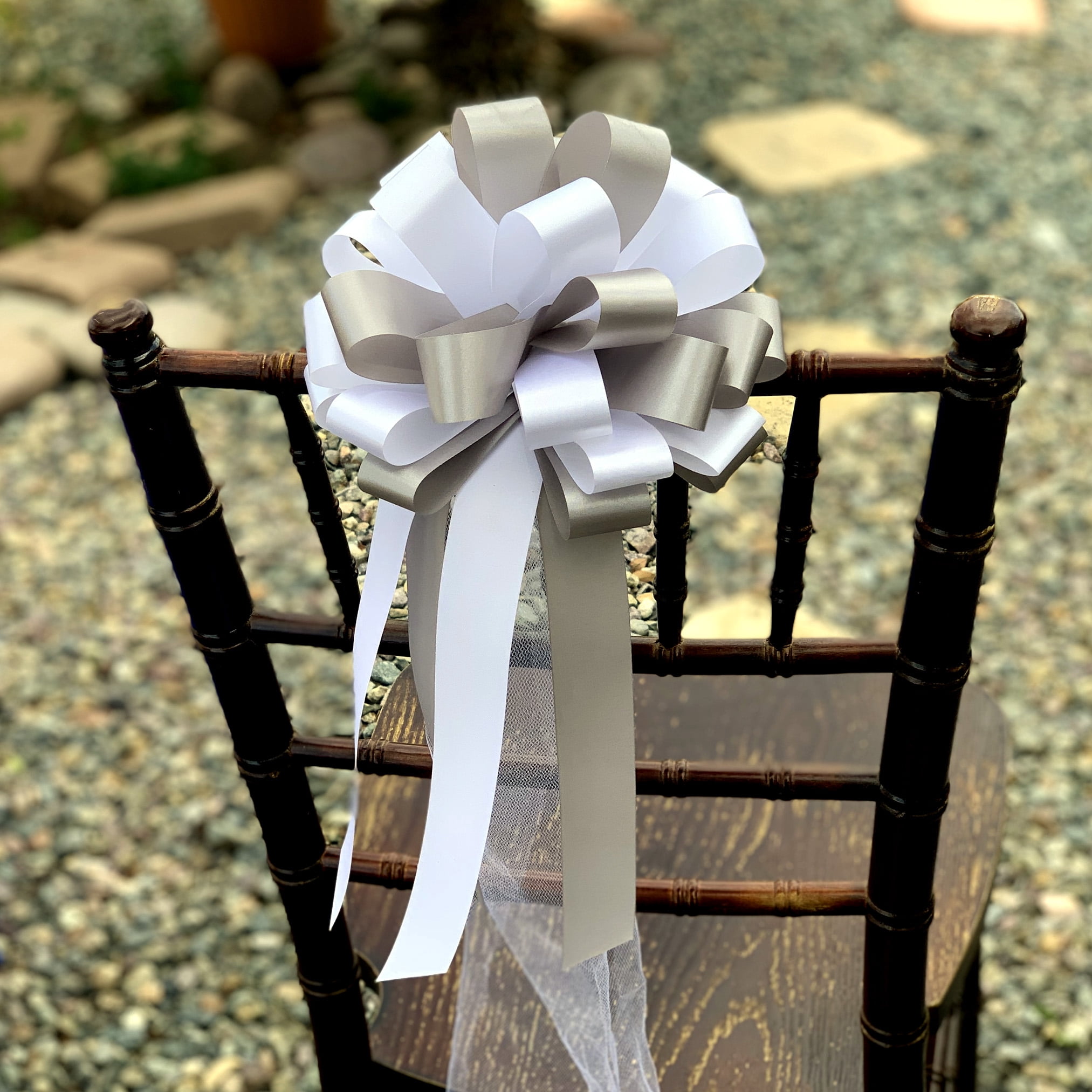 White and Silver Pull Bows with Tulle Tails - 8" Wide, Set of 6, Wedding Pew Bows, Aisle Decoration. Reception, Anniversary