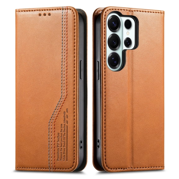 For Samsung Galaxy S25 Ultra Phone Case,Three-color Thread Design,Anti-Scratch PU Leather Flip Folding Kickstand,With Card Slots,Folio Magnetic Closure,Shockproof Drop protection Phone Case,Brown