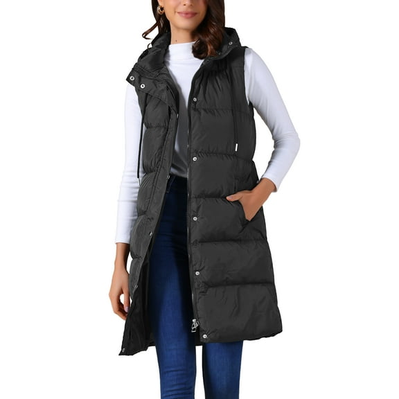 Women's Sleeveless Vest Casual Long Puffer Hooded Down Jacket S Black