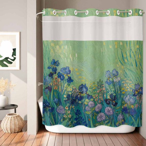 No Hook Shower Curtain, Cottagecore Botanical Shower Curtains for Bathroom with See Through Top Window, Vintage Green Blue Floral Waterproof & Washable Bath Curtain 66"x72"
