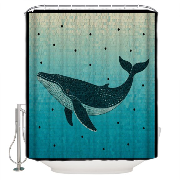 Blue Whale Coastal Bathroom Shower Curtains with 12 Hooks Polyester Waterproof Shower Curtain for Stalls and Bathtubs Nautical Summer Ocean Seaside Decorative Bathroom Privacy Curtain 72x72 Inches