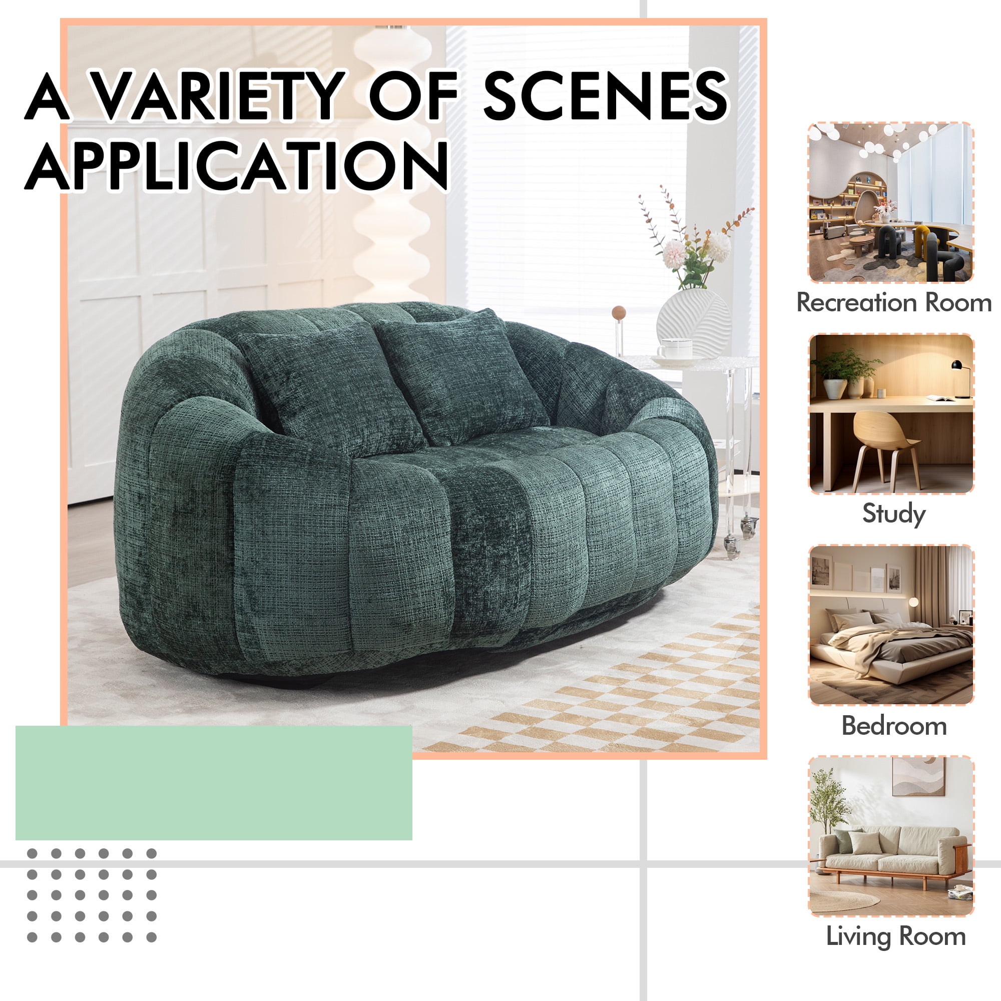 MOONMISS Chenille Durable Comfort Lounger High Back Bean Bag loveseat Lazy Sofa-Emerald