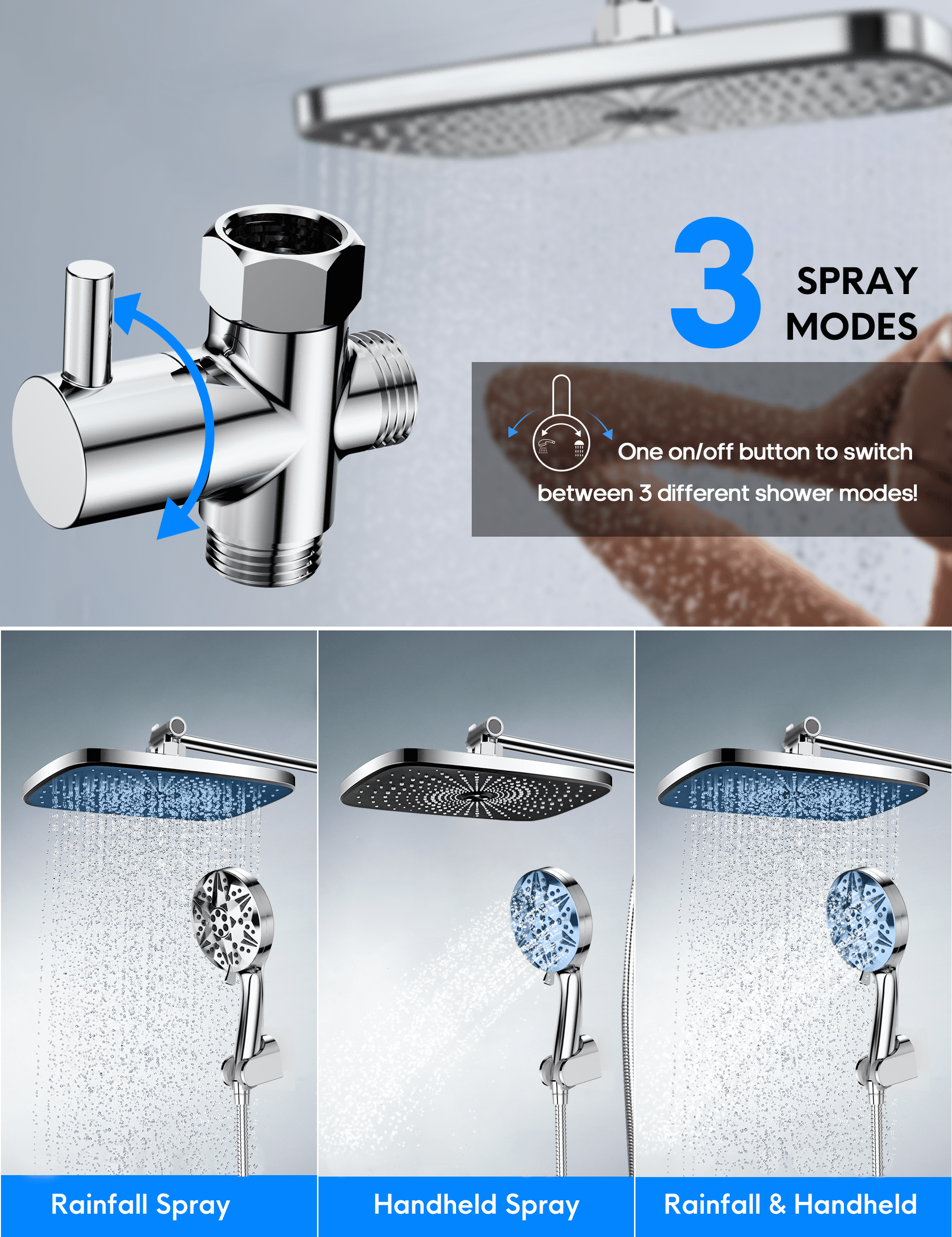 YAHHU 12 inch High Rainfall Showerhead and 10 Settings Pressure Handheld Shower Combo, Stainless Steel Dual Shower Head Set for Bathing