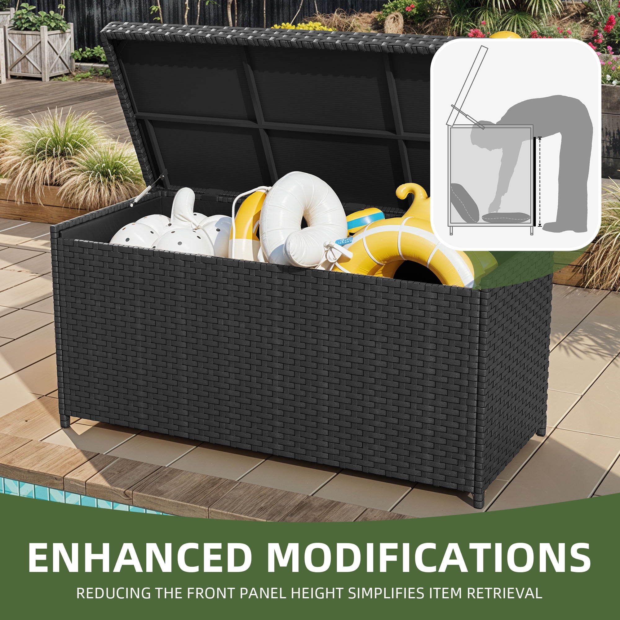 Uforic 260-Gallon Wicker Outdoor Deck Boxes with Waterproof Liner Bag, Rattan Storage Bin, Large Storage Deck Box - Black