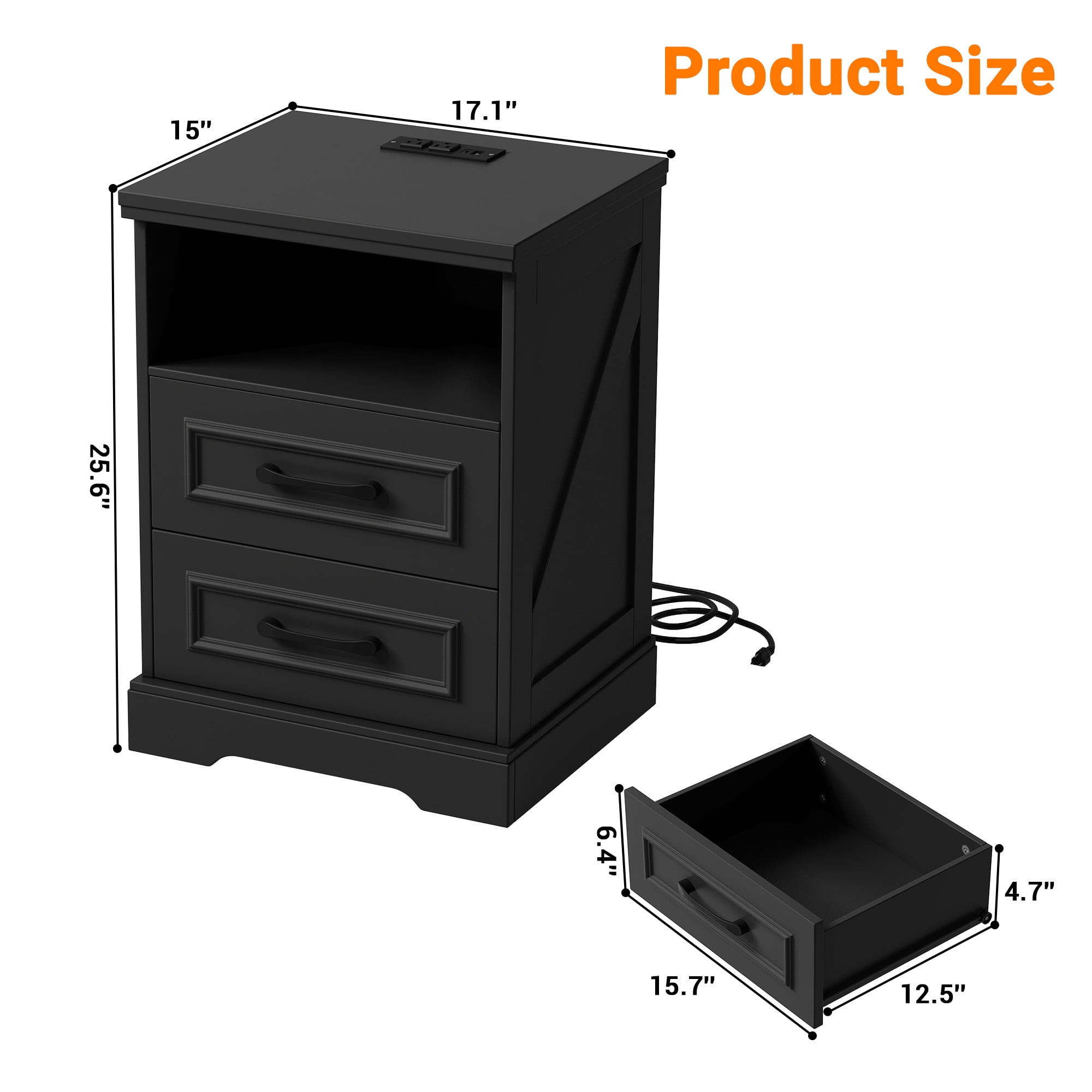 NEGYLIM 2-Piece Nightstand, Farmhouse End Table with Charging Station, 2 Drawers Storage for Bedroom, Black