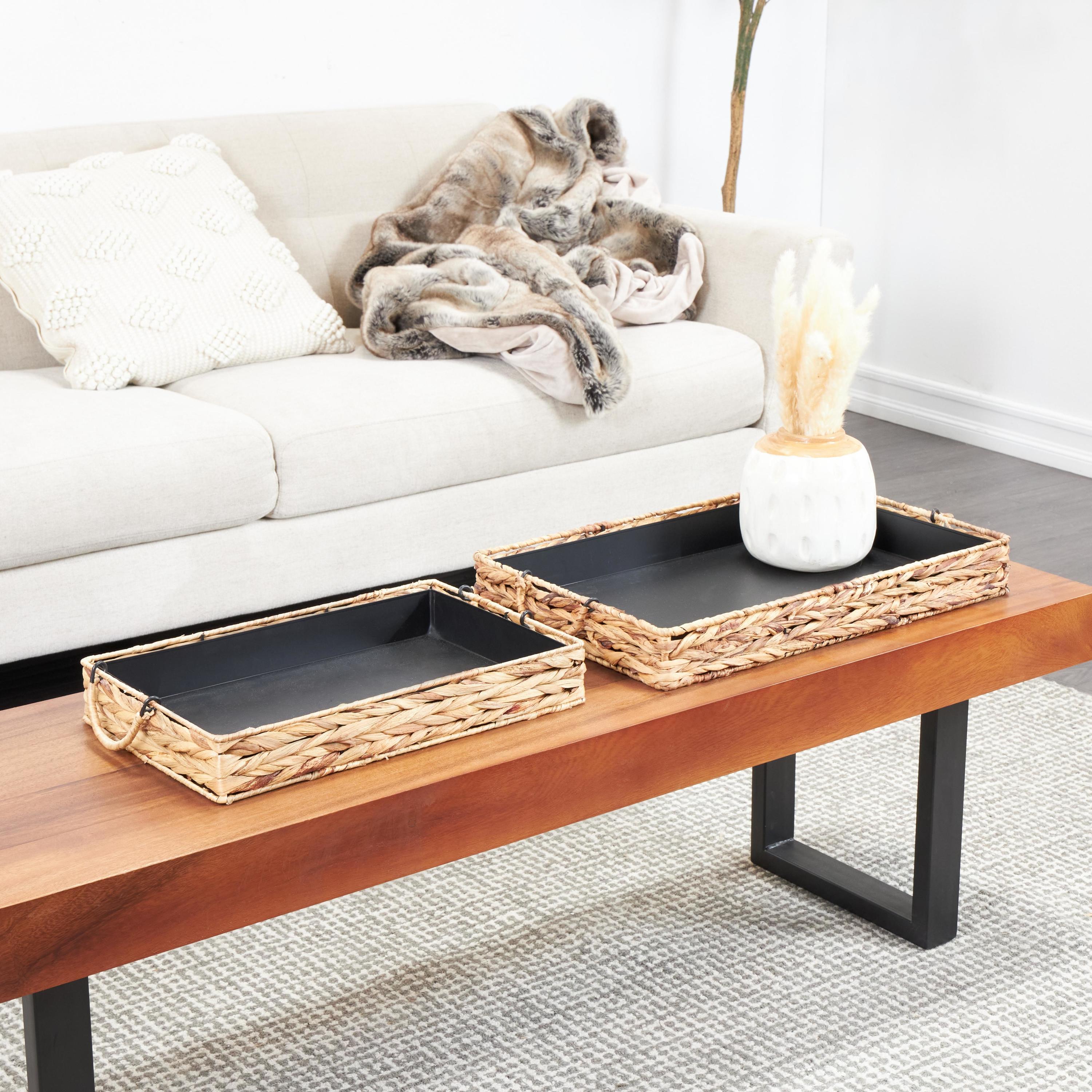 DecMode 20", 16"W Light Brown Seagrass Handmade Nesting Tray with Black Wood Interiors, 2-Pieces