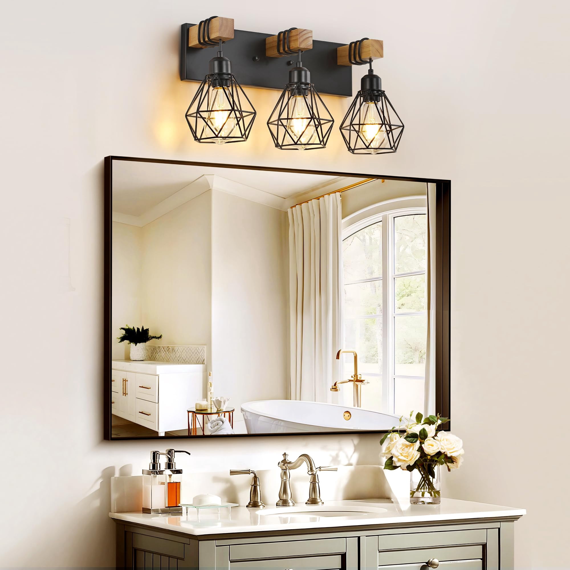 Black 3-Light Vanity Light Wood Metal Wall Fixture For Bathroom Bedroom Living Room Hallway