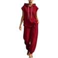 thumbnail image 2 of BRELIL Women Sleeveless Hoodie Wide Leg Pants Two Piece Set Casual Lounge Matching Outfits Solid Basic Tracksuit Vacation Travel Summer, Red 2XL, 2 of 9