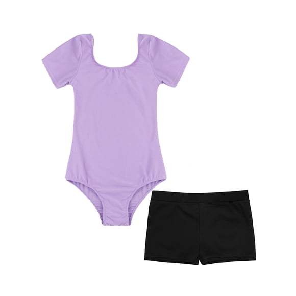 Choomomo Kids Girls Basic Gymnastics Leotard Outfits Ballet Dance Bodysuit with Tumbling Shorts Dancewear Set Lavender&Black 6