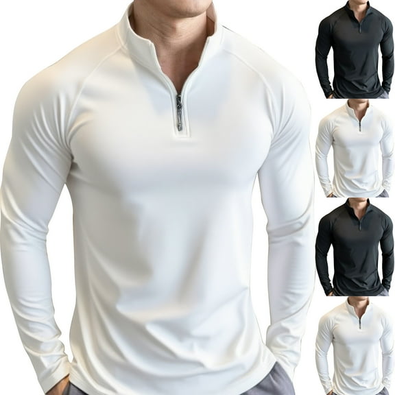Homozy White Polo Shirts for Men Slim Fit Long Sleeve Tops Half Zip Collar Dry Fit Polo Shirts Casual Jersey Athletic Fall Spring Tshirts White M