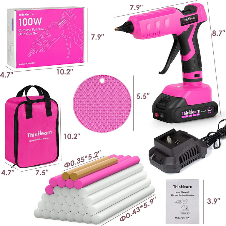 Pink Hot Glue Gun(Battery Included),100W Full Size Hot Glue Gun Cordless &  Rechargeable, 20V Wireless Hot Glue Gun Kit with 12pcs 0.43'' Large Hot