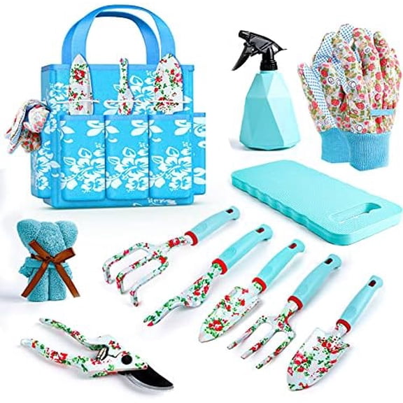 Womens Gardening Gifts Set - Floral Gardening Tools with Tote Bag - Gifts for Mom, Girlfriend or Women - Birthday, Christmas (Blue)