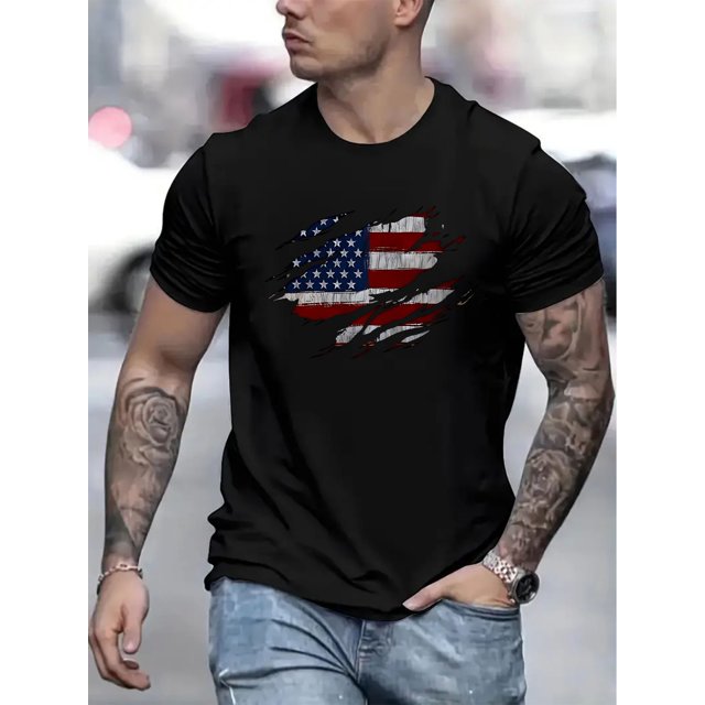 American Flag Print Men's Crew Neck Fashionable Short Sleeve Sports T-shirt, Comfortable And Versatile, For Summer And Spring, Athletic Style, Comfort Fit T-Shirt, As Gifts