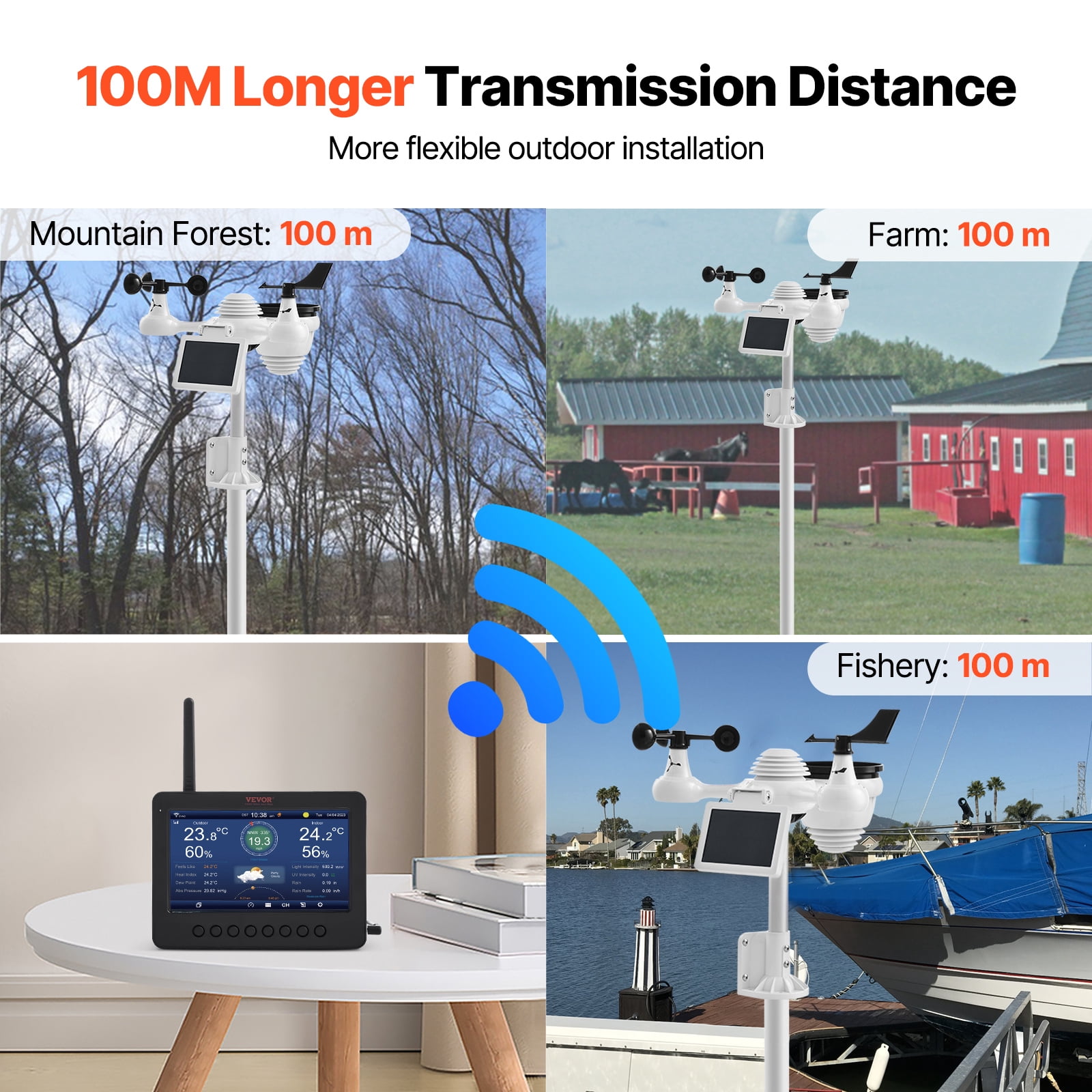 VEVOR 7-in-1 Wireless Weather Station with Wi-Fi,7" TFT Colorful Display, Solar-Powered Outdoor Sensor, Indoor & Outdoor Monitoring, Includes Temperature, Humidity, Wind Speed/Direction, and Rainfall