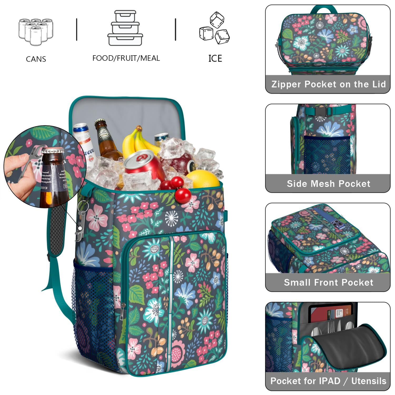 Travel Cooler Bag - Pioneer Flower Floral Print Pattern Camping Beer Cooler Backpack with Bottle Opener- Waterproof Insulated Picnic Backpacks - Cooler Bag for Beach
