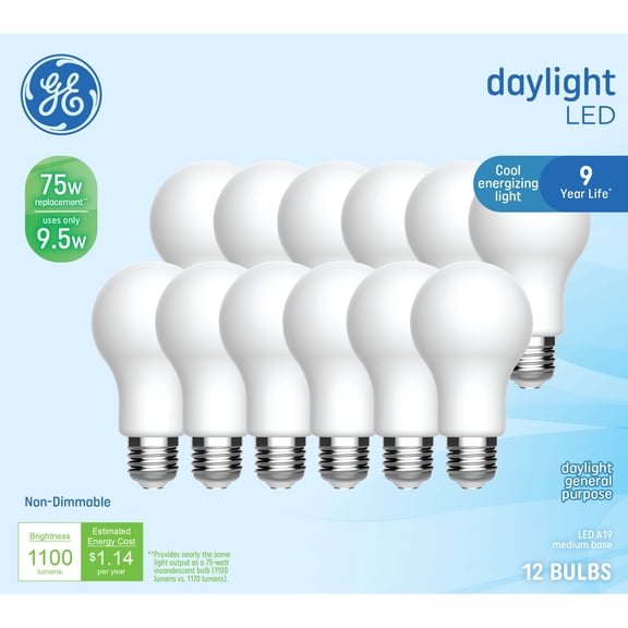 GE General Purpose LED 75 Watt Replacement, Daylight, A19 Frosted Bulbs (12 Pack)