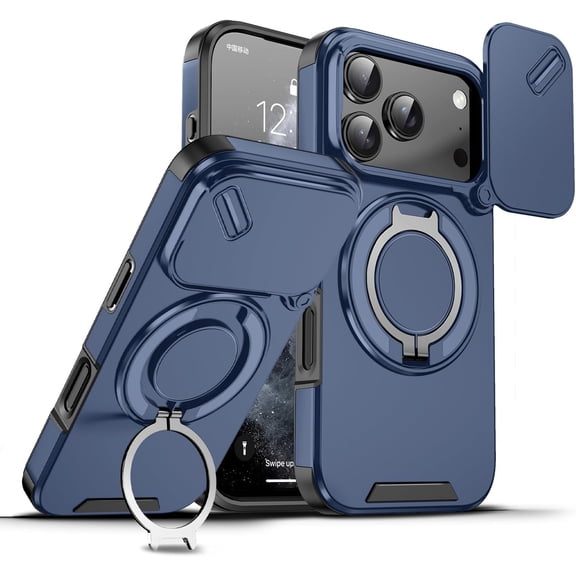 MUKO for iPhone 17 Pro Max (6.9", 2025 Release) Shockproof Phone Case with Slide Camera Cover, Rotate Ring Holder Kickstand, Compatible with MagSafe, Drop Proof Protective Slim Magnetic Cover, Blue