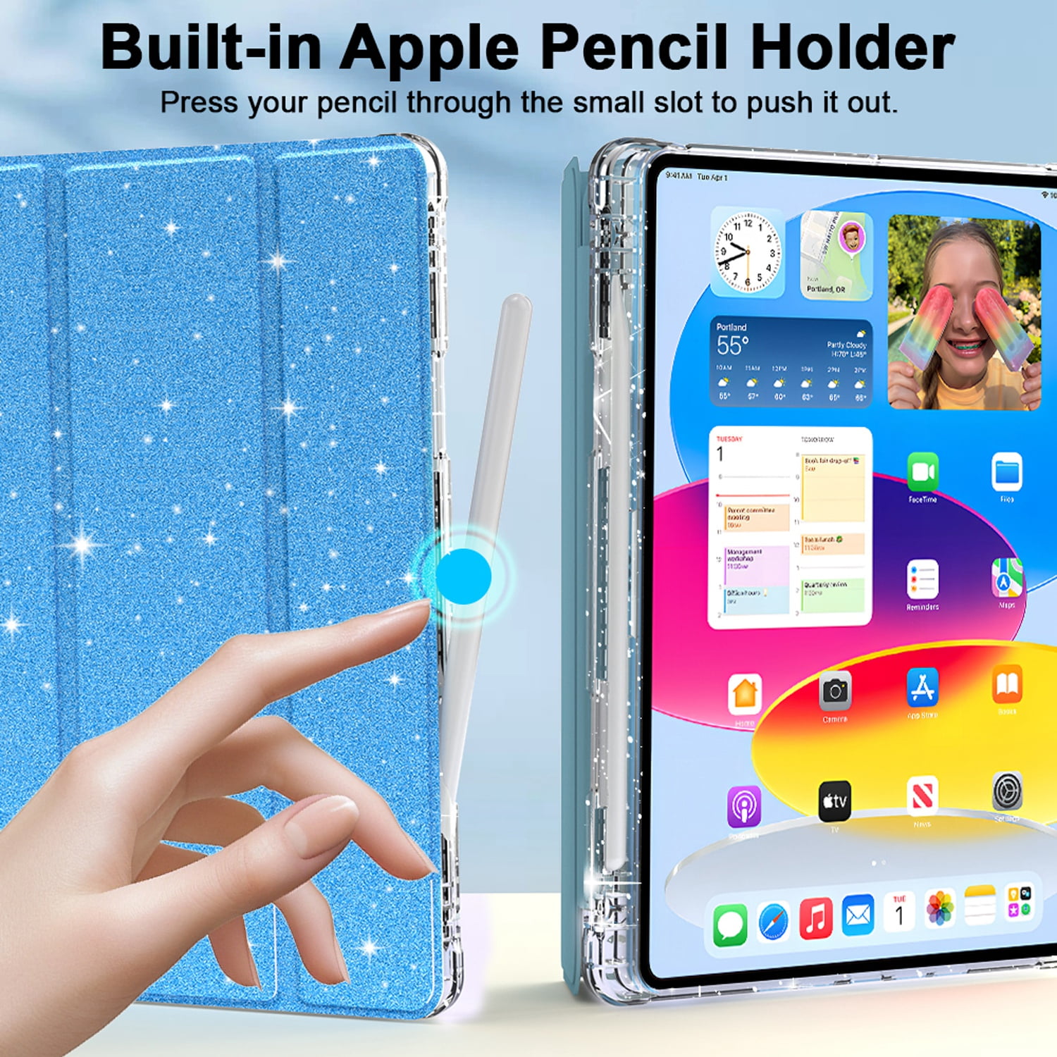 Decase Compatible with Apple iPad 10.2 inch 2021/2020/2019,Sparkle Cute Case,Glitter Cover with Sparkly Clear Back,Pencil Holder, Fits for iPad 7th/8th/9th Gen Case 10.2 inch for Kids Girls,Blue