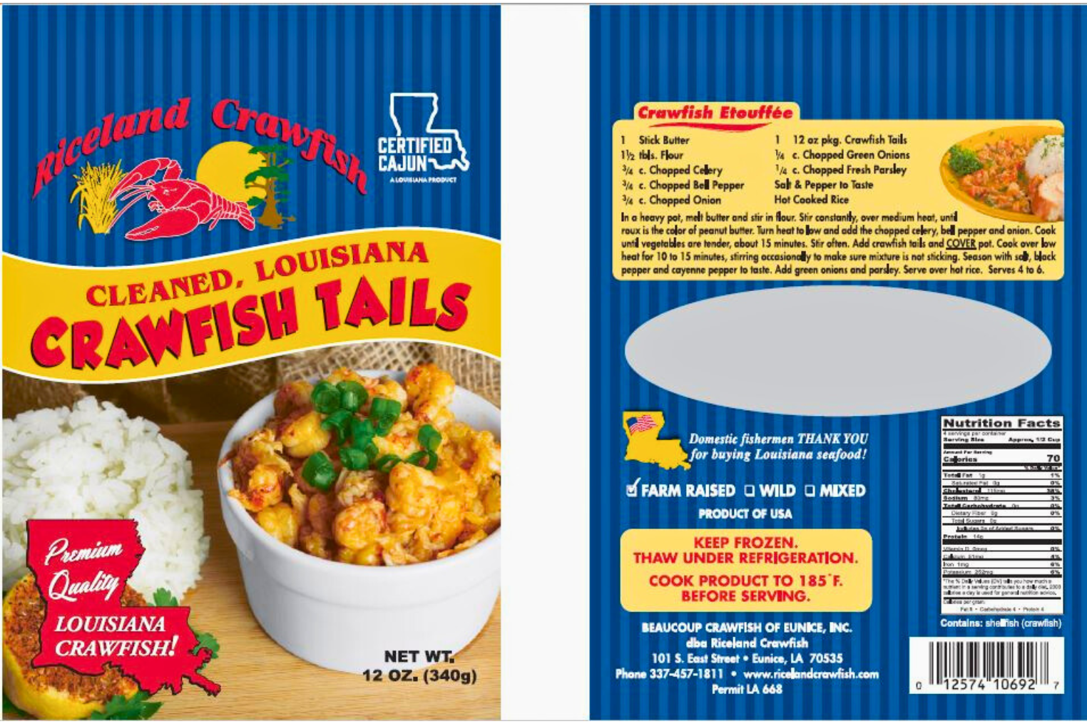 Riceland Crawfish, Cleaned Crawfish Tail Meat, Frozen, 12 oz, Contains Shellfish