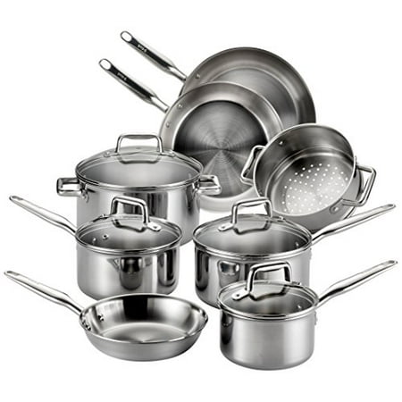T-fal E469SC Tri-ply Stainless Steel Multi-clad Dishwasher Safe Oven Safe Cookware Set, 12-Piece,
