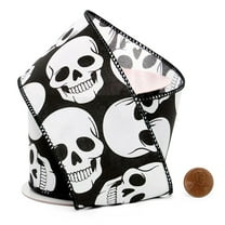 2.5" Wide White Skulls On Black Satin Wired Ribbon - 10 Yards (56001011)
