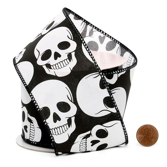 2.5" Wide White Skulls On Black Satin Wired Ribbon - 10 Yards (56001011)