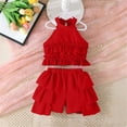 thumbnail image 4 of Amidoa Girls 2 Piece Outfits Summer Clothes Solid Color Cute Tank Top T-Shirt and Shorts Casual Kids Clothing Sets Red Size 8, 4 of 9