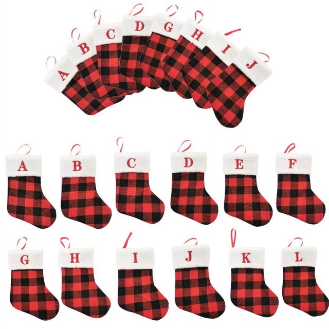 9inch Initial Monogram Christmas Stocking Red Buffalo Plaid Christmas Stocking with Embroidered Letter Personalized Mini Christmas Stocking White Plush Xmas Stocking for Xmas Tree Fireplace Decor