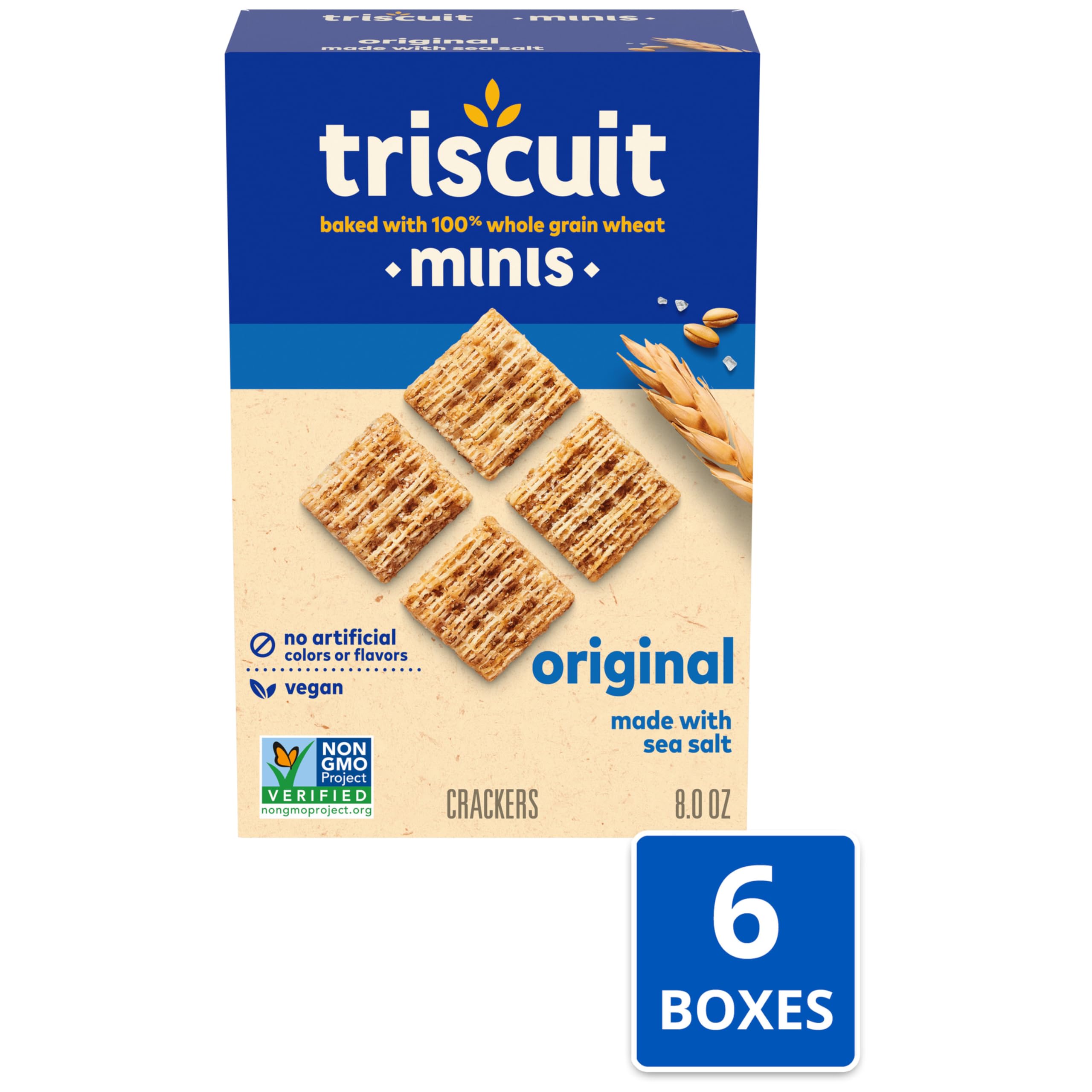 Triscuit Minis Original Whole Grain Wheat Crackers, Vegan Crackers, 6 - 8 oz Boxes