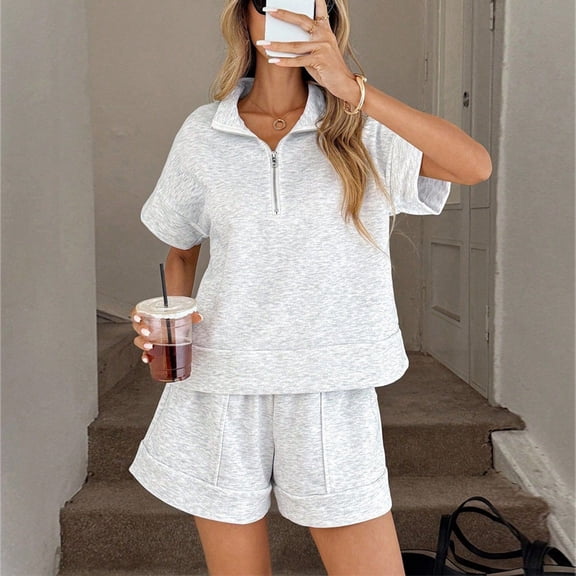 Morttic Women's Loose Fit Half Zip Short Sleeve Top & Pocket Shorts, Solid Color 2 Piece Casual Summer Outfit Gray,S
