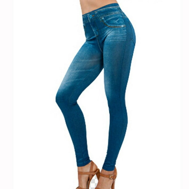 olie Nadruk bros Women's Denim Print Fake Jeans Seamless Leggings with Pockets - Walmart.com