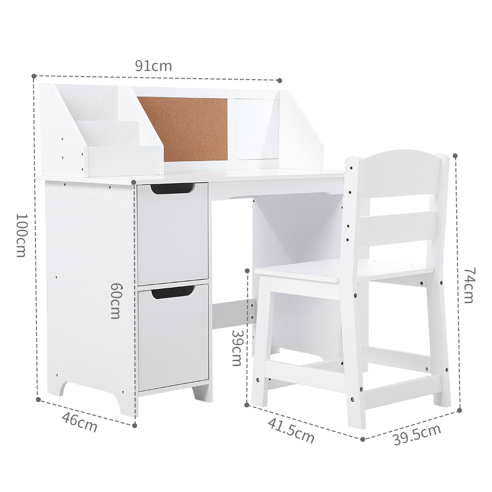 Kids Study Desk and Chair Set, Wooden School Learning Table with Storage, Hutch and Bulletin Board, Children Computer Desk with Chair, Small Toddler Desk for Home, School, White