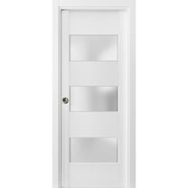 Sliding French Pocket Door 18 x 84 inches with Frosted Glass 3 Lites | Lucia 4070 White Silk | Kit Trims Rail Hardware | Solid Wood Interior Bedroom Sturdy Doors