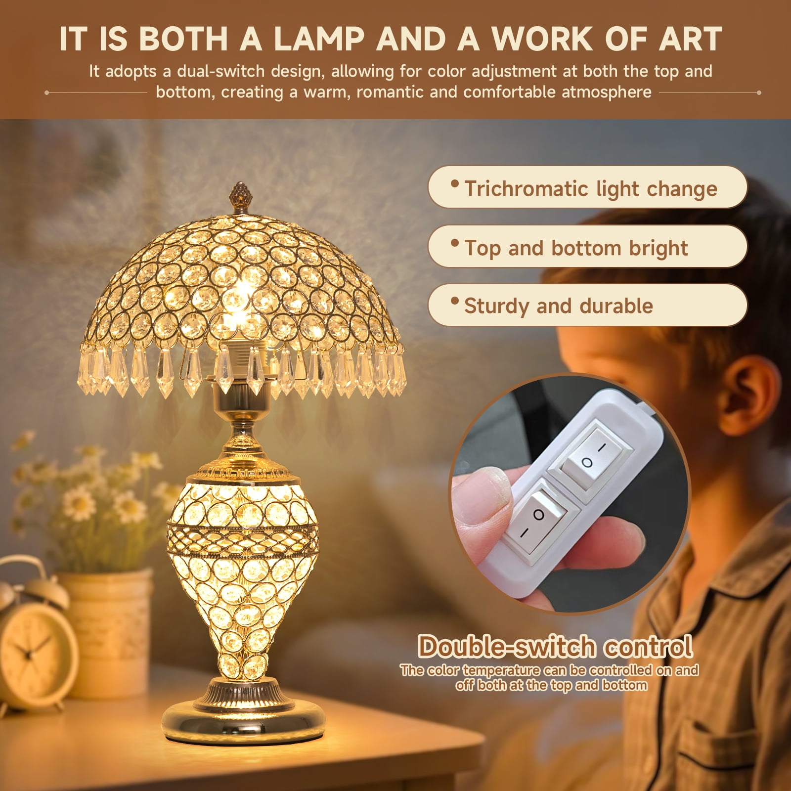 Crystal  Table Lamp Bedside Decorative gift LED modern metal base adjustable light for night Bedroom