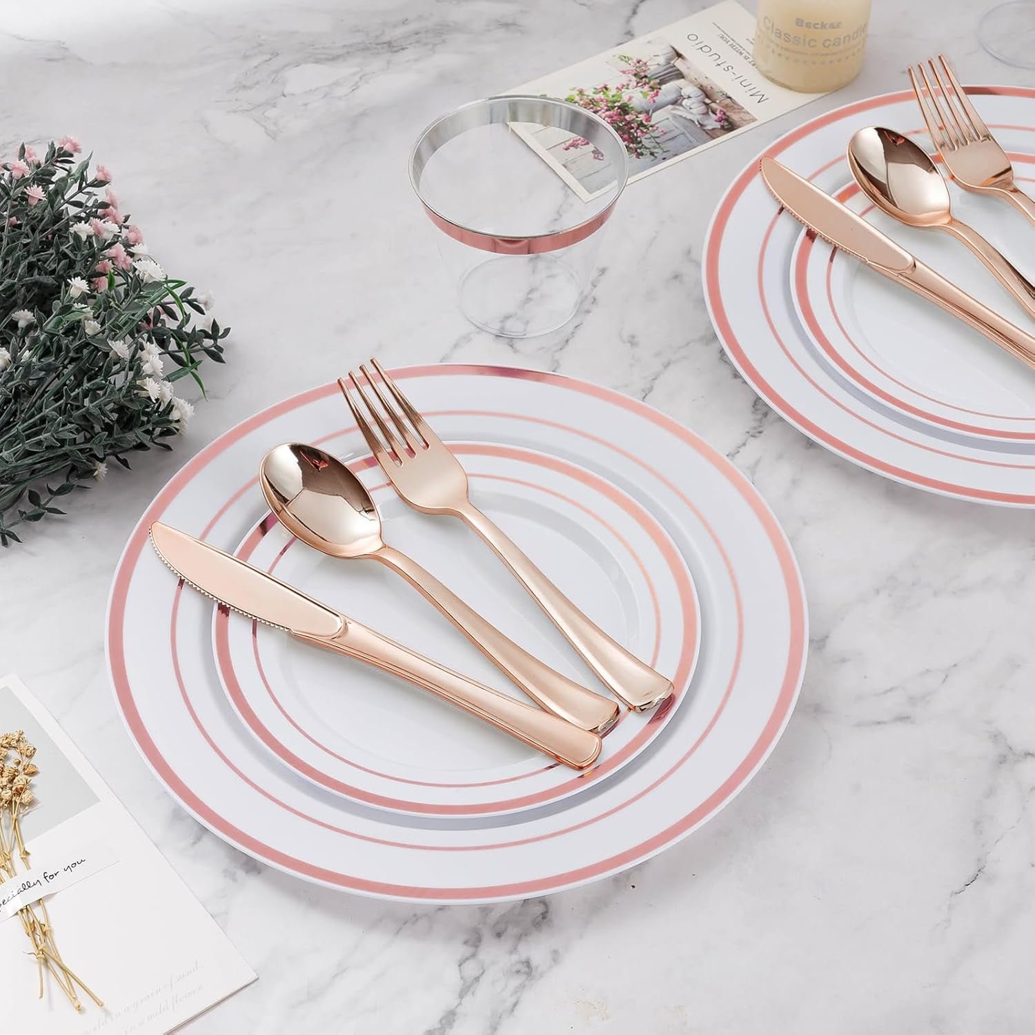 600 Piece Rose Gold Dinnerware Set - 200 White and Rose Gold Plastic Plates - Set of 2024 300 Rose Gold Plastic Silverware - 100 Plastic Cups