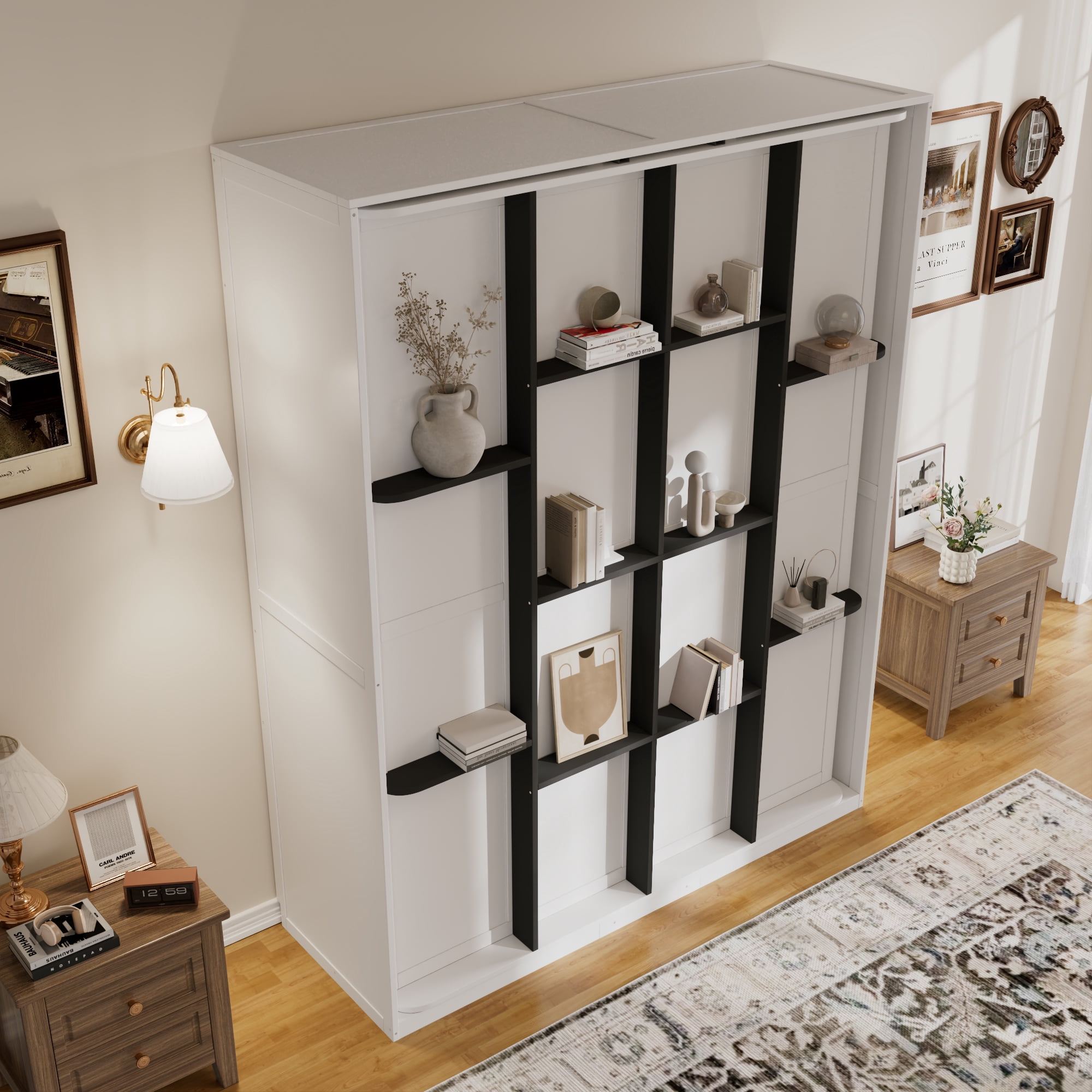 Mintazer Queen Size Murphy Bed with Rotating Door Shelves, Convertible Wall Platform Bed with Bookcase for Home Bedroom Living Room, White