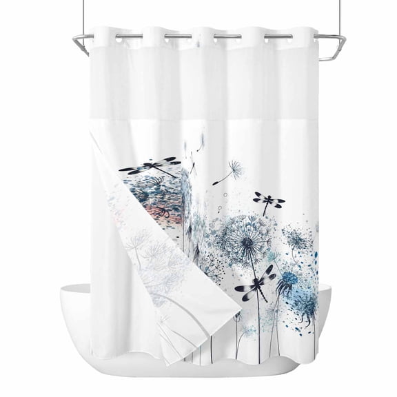Blue Teal Dandelion No Hook Shower Curtain Waterproof, Bathroom Curtains with Snap in Liners and See Through Top Window, Dragonfly Modern Art Watercolor Hotel Style Bathtub Curtains Shower 72"Wx96"L