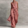 thumbnail image 2 of JULMCOMO Cotton Linen Jumpsuits for Women Halter Deep V Neck Casual Rompers Tie Waist Wide Leg Loose Fit Summer Overalls with Pockets Pink S, 2 of 4