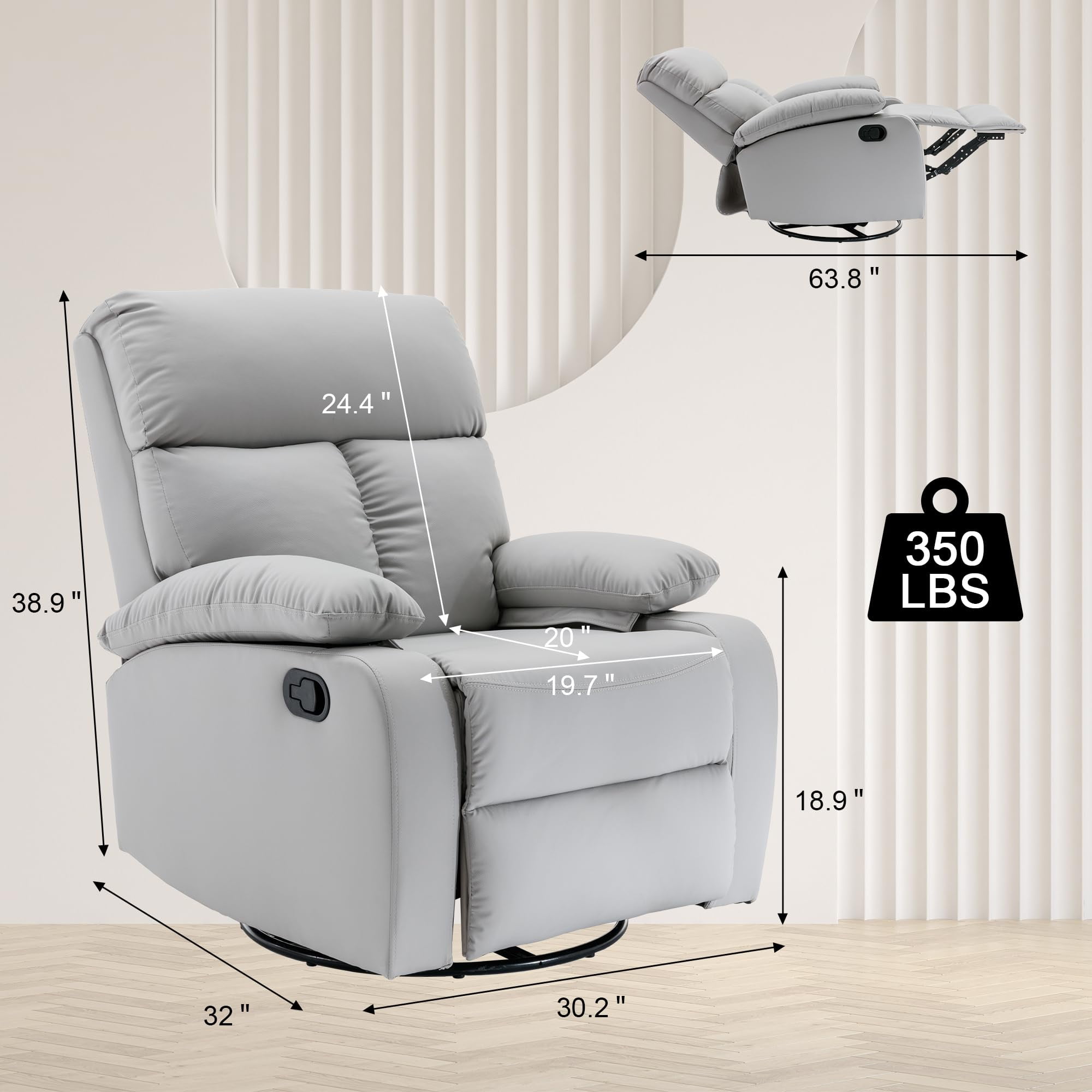 2 Pcs Gray Ergonomic Swivel Recliner Chair for Living Room, Manual Rocking Recliner with 360° Rotation, Soft Fabric Lounge Chair for Reading, Movie Nights and Relaxing